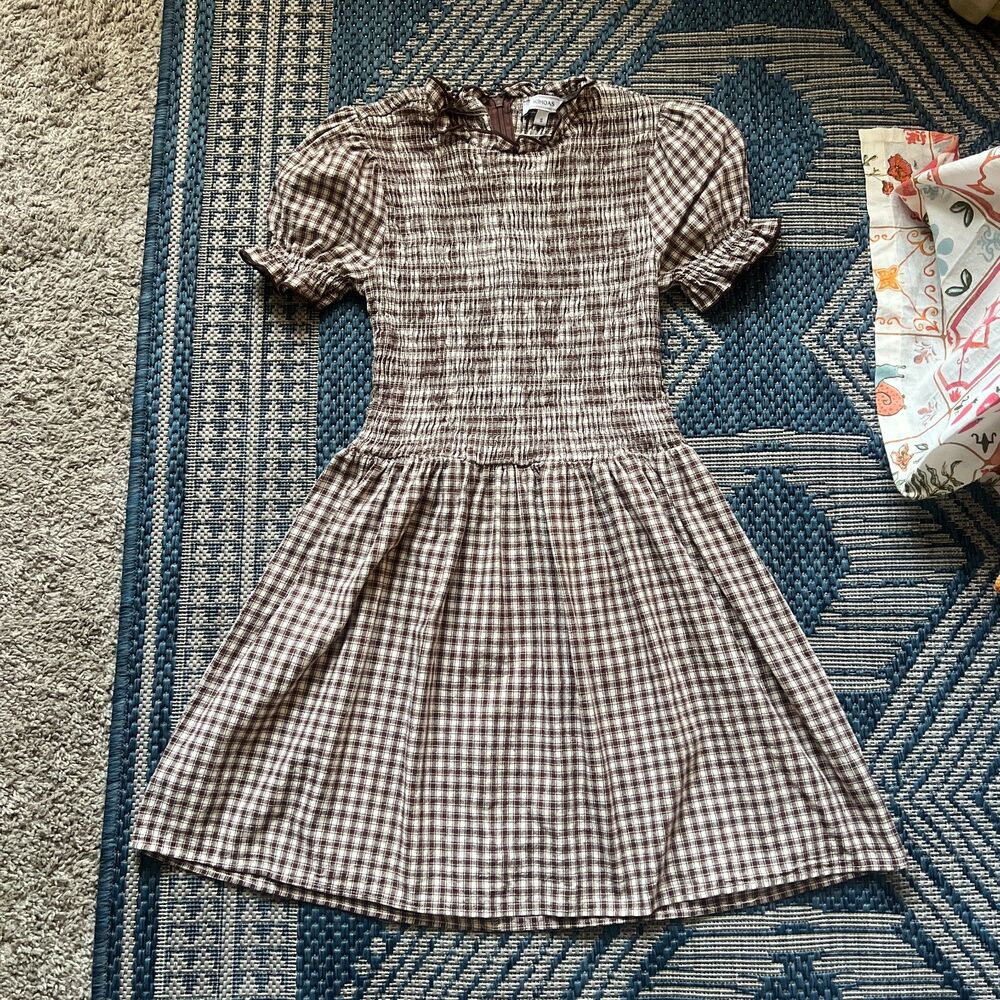 Cottagecore fairycore coquette twee brown gingham smock dress size S 100% cotton